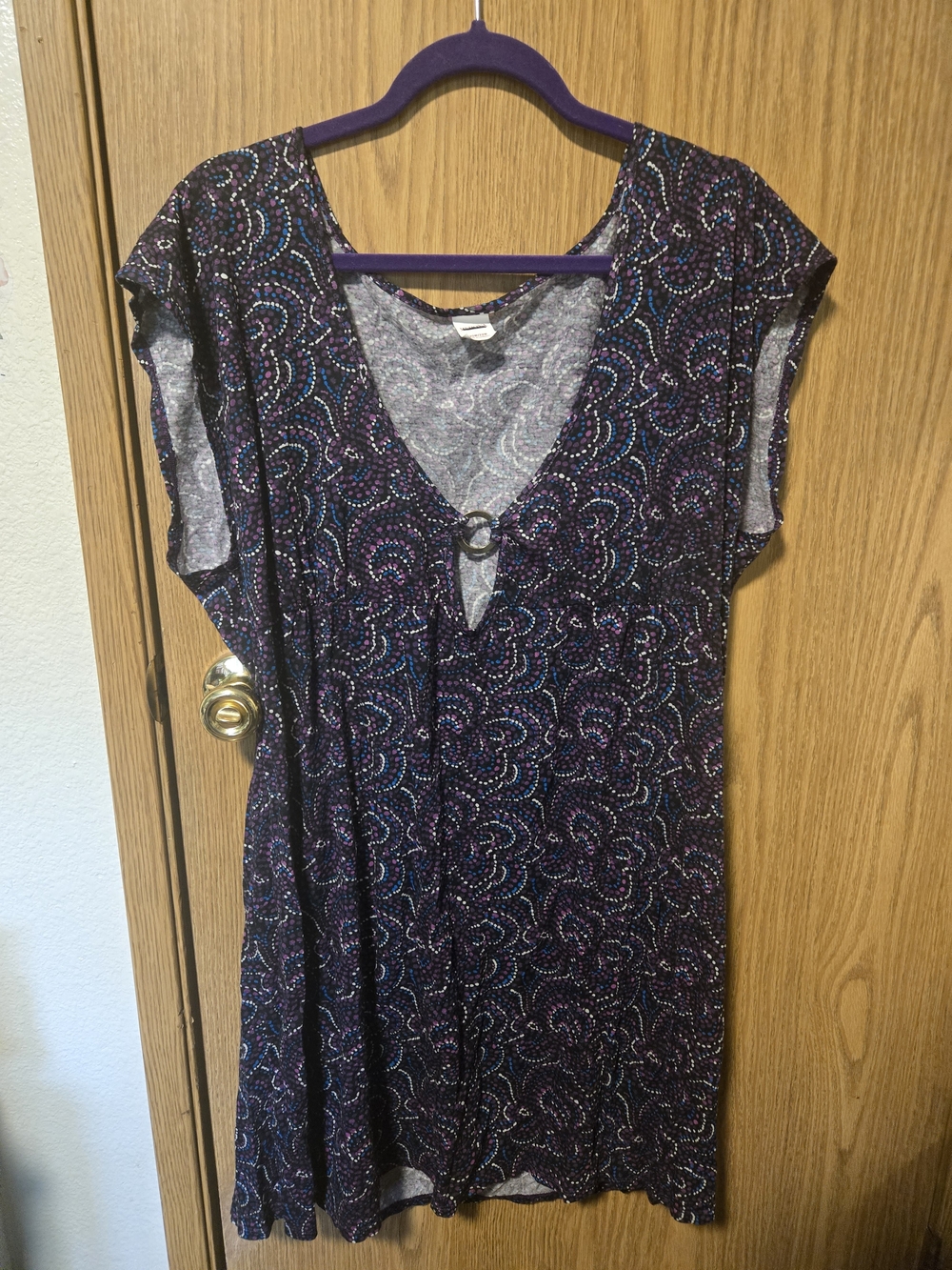 Merona Purple and Blue Patterned V-Neck Tunic with Ring Detail